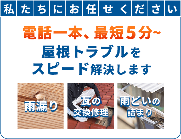 私たちにお任せください 電話一本、最短5分～屋根トラブルをスピード解決します