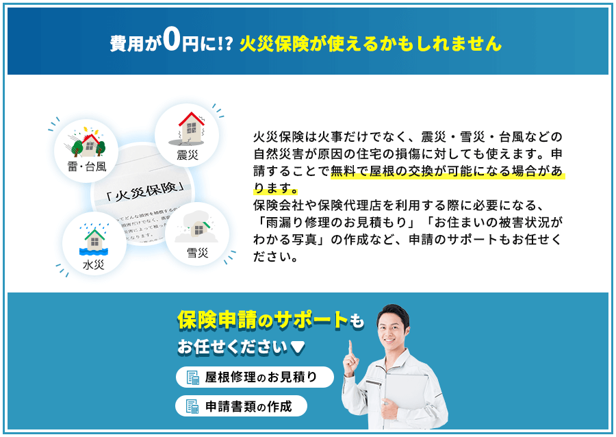 【屋根の交換がお得にできる保険の申請サポートも実施】屋根の交換には火災保険が使えるため無料での交換が可能になる場合があります。その際に必要な、保険会社や保険代理店への連絡や、必要になる「雨漏り修理のお見積もり」と「お住まいの被害状況がわかる写真」の作成をトータルでサポートいたします。